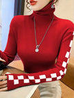 Ribbed Knit Sweater Women High-Neck Fitted Graphic Sleeves