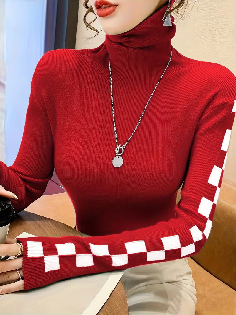 Ribbed Knit Sweater Women High-Neck Fitted Graphic Sleeves