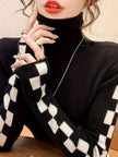 Ribbed Knit Sweater Women High-Neck Fitted Graphic Sleeves