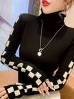 Ribbed Knit Sweater Women High-Neck Fitted Graphic Sleeves