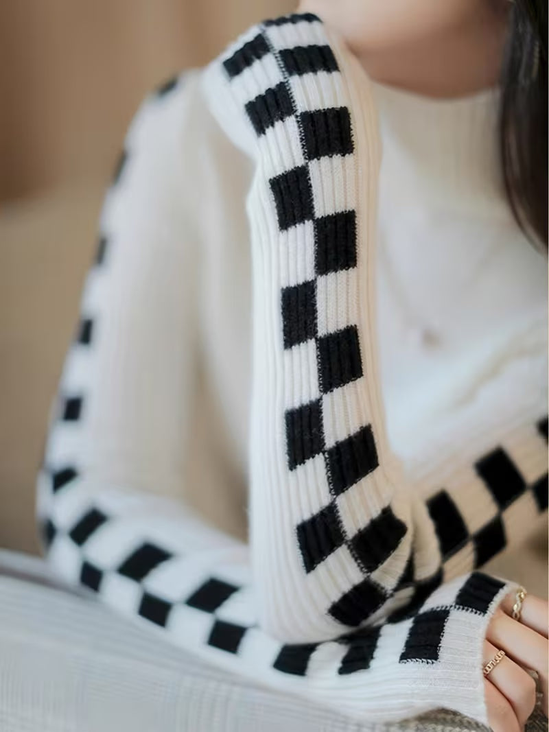 Ribbed Knit Sweater Women High-Neck Fitted Graphic Sleeves