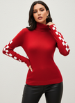 Ribbed Knit Sweater Women High-Neck Fitted Graphic Sleeves