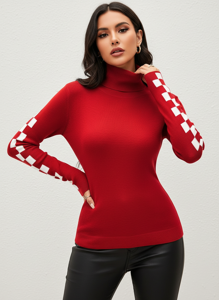 Ribbed Knit Sweater Women High-Neck Fitted Graphic Sleeves