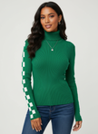 Ribbed Knit Sweater Women High-Neck Fitted Graphic Sleeves