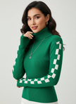 Ribbed Knit Sweater Women High-Neck Fitted Graphic Sleeves