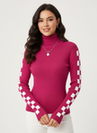 Ribbed Knit Sweater Women High-Neck Fitted Graphic Sleeves