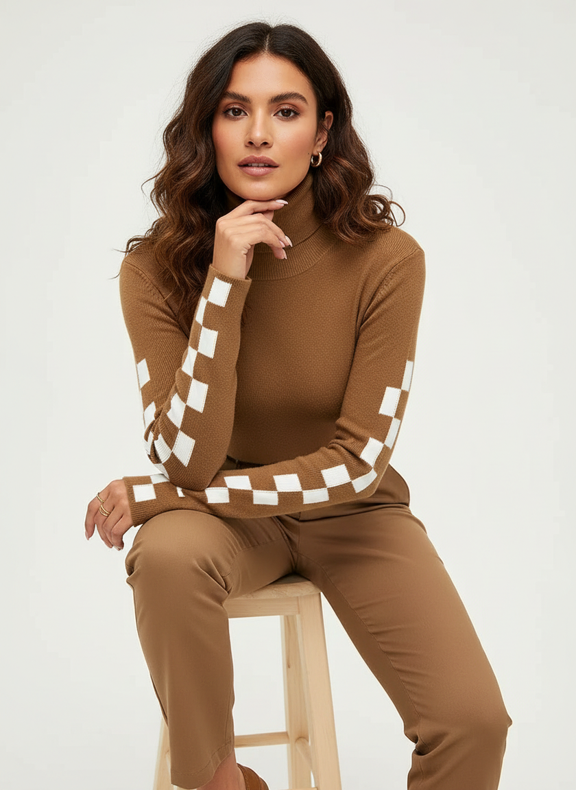 Ribbed Knit Sweater Women High-Neck Fitted Graphic Sleeves