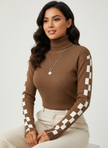 Ribbed Knit Sweater Women High-Neck Fitted Graphic Sleeves
