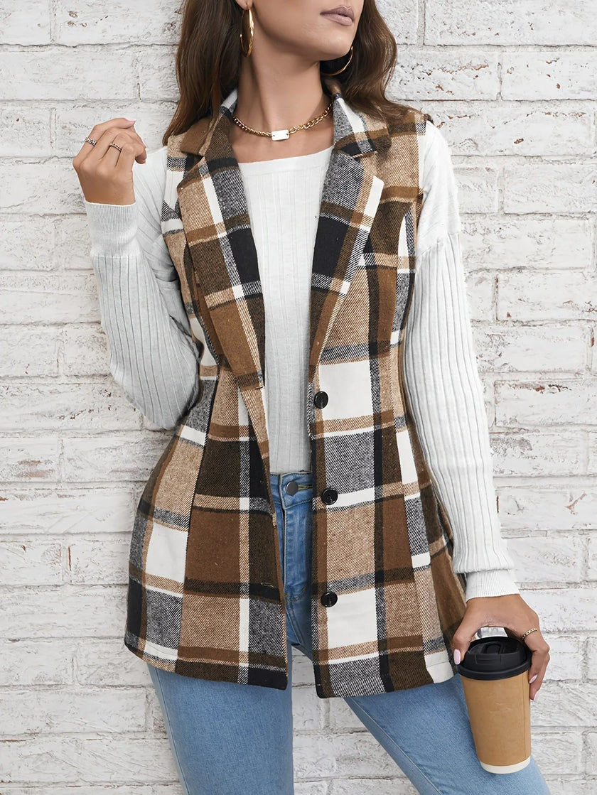 Checked Vest Women Sleeveless Open Front Layering