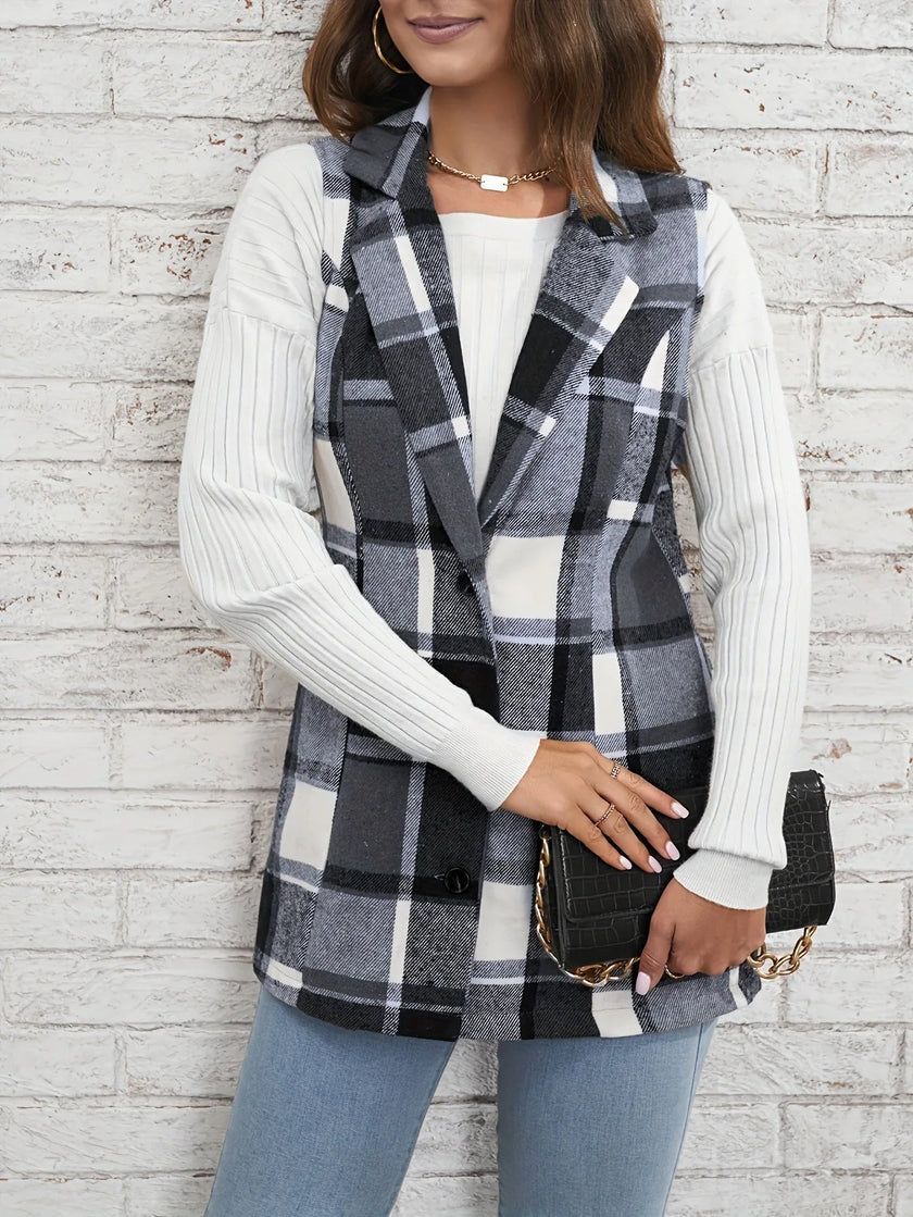 Checked Vest Women Sleeveless Open Front Layering