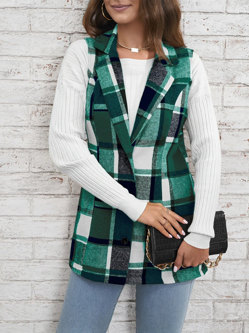 Checked Vest Women Sleeveless Open Front Layering