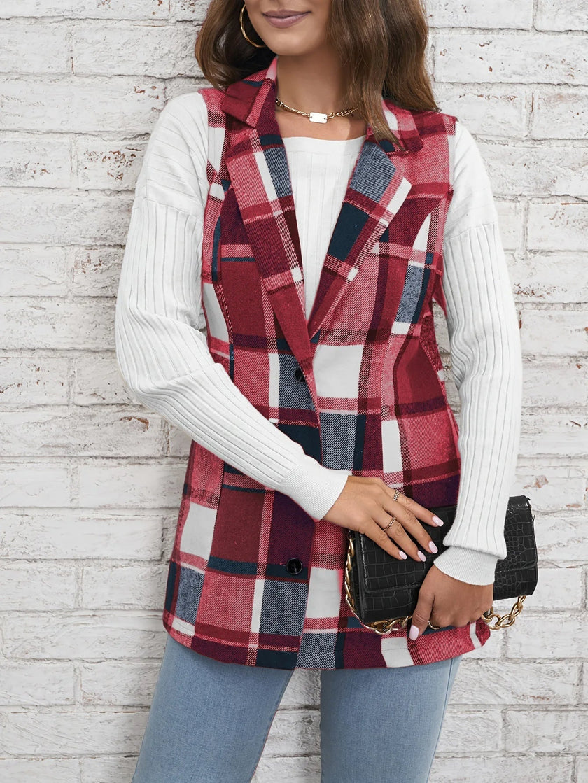 Checked Vest Women Sleeveless Open Front Layering