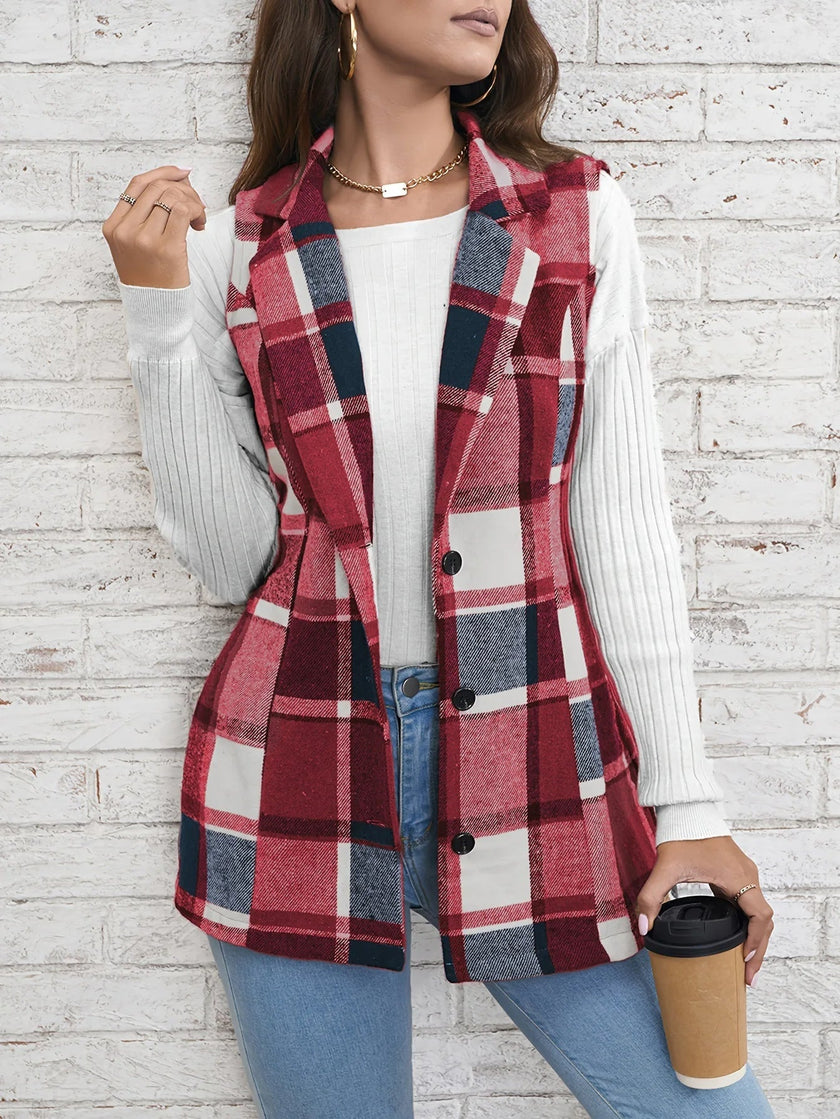 Checked Vest Women Sleeveless Open Front Layering