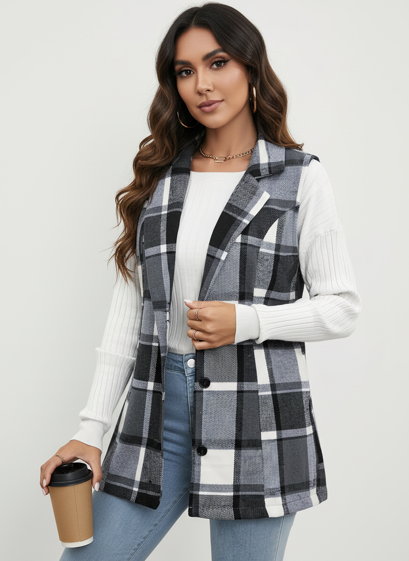 Checked Vest Women Sleeveless Open Front Layering