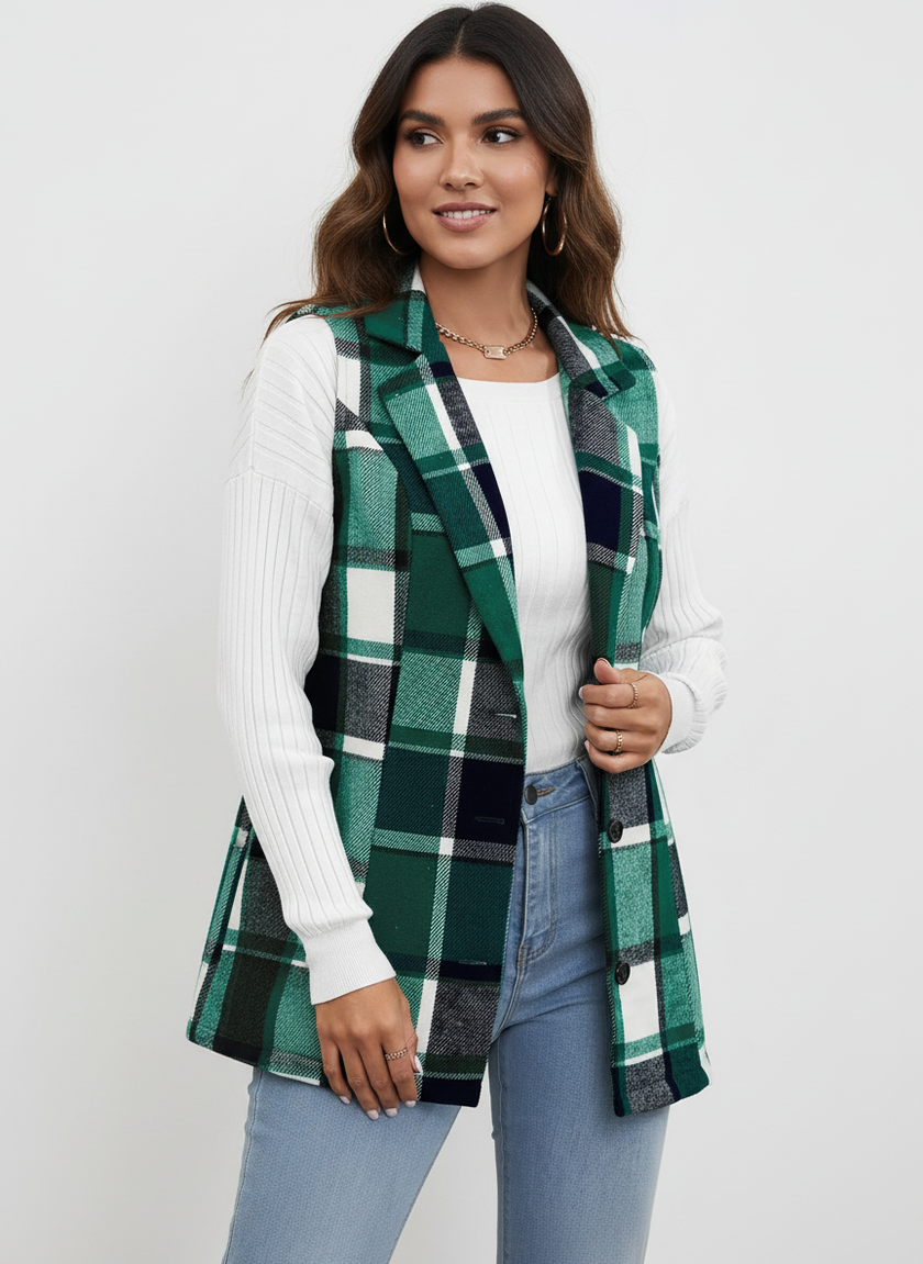 Checked Vest Women Sleeveless Open Front Layering