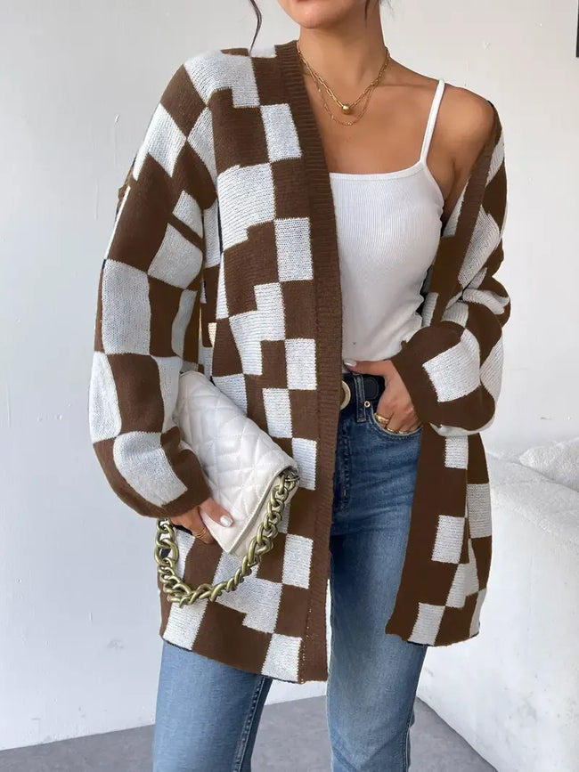 Checked Knit Vest Women Open Front Relaxed Fit