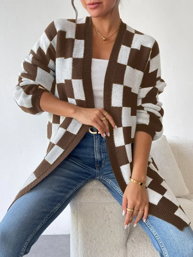 Checked Knit Vest Women Open Front Relaxed Fit