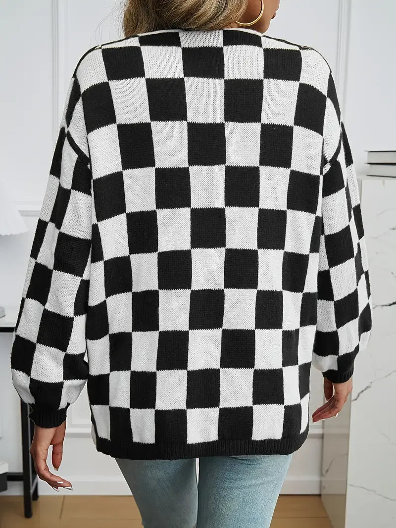 Checked Knit Vest Women Open Front Relaxed Fit