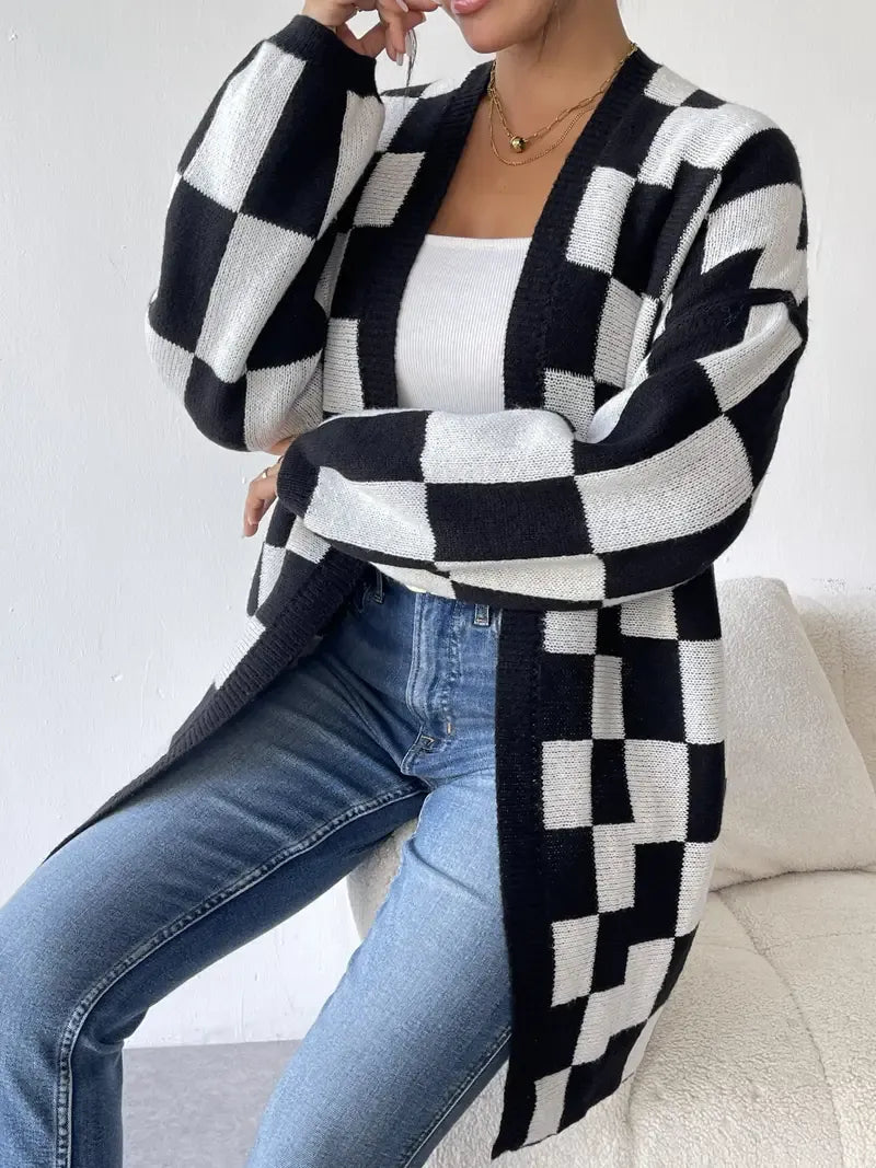 Checked Knit Vest Women Open Front Relaxed Fit