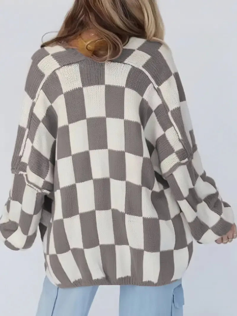 Checked Knit Vest Women Open Front Relaxed Fit