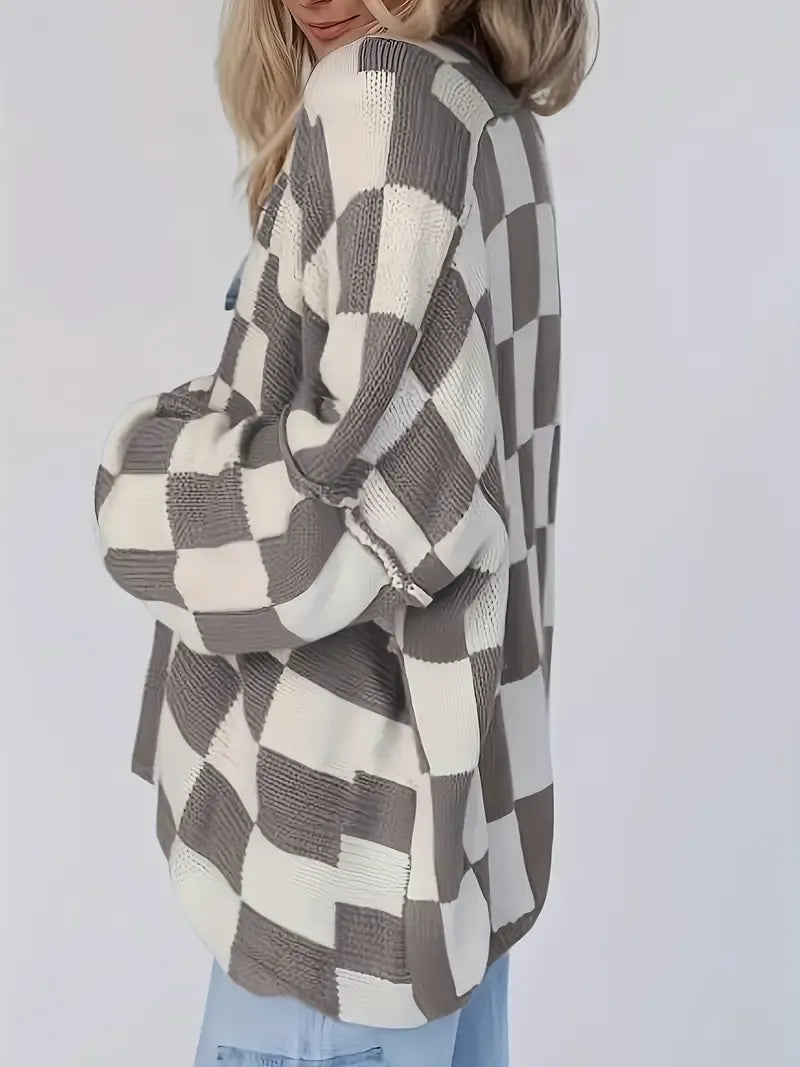 Checked Knit Vest Women Open Front Relaxed Fit