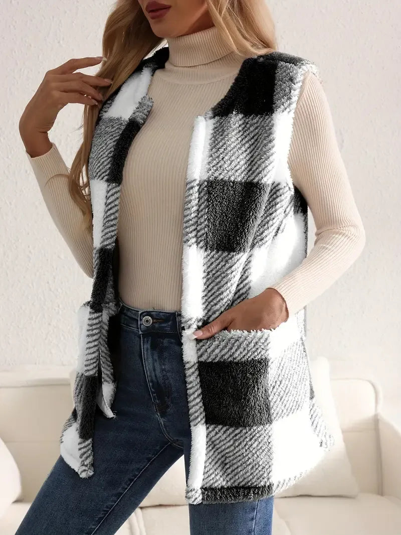 Teddy Vest Women Checked Sleeveless with Pockets
