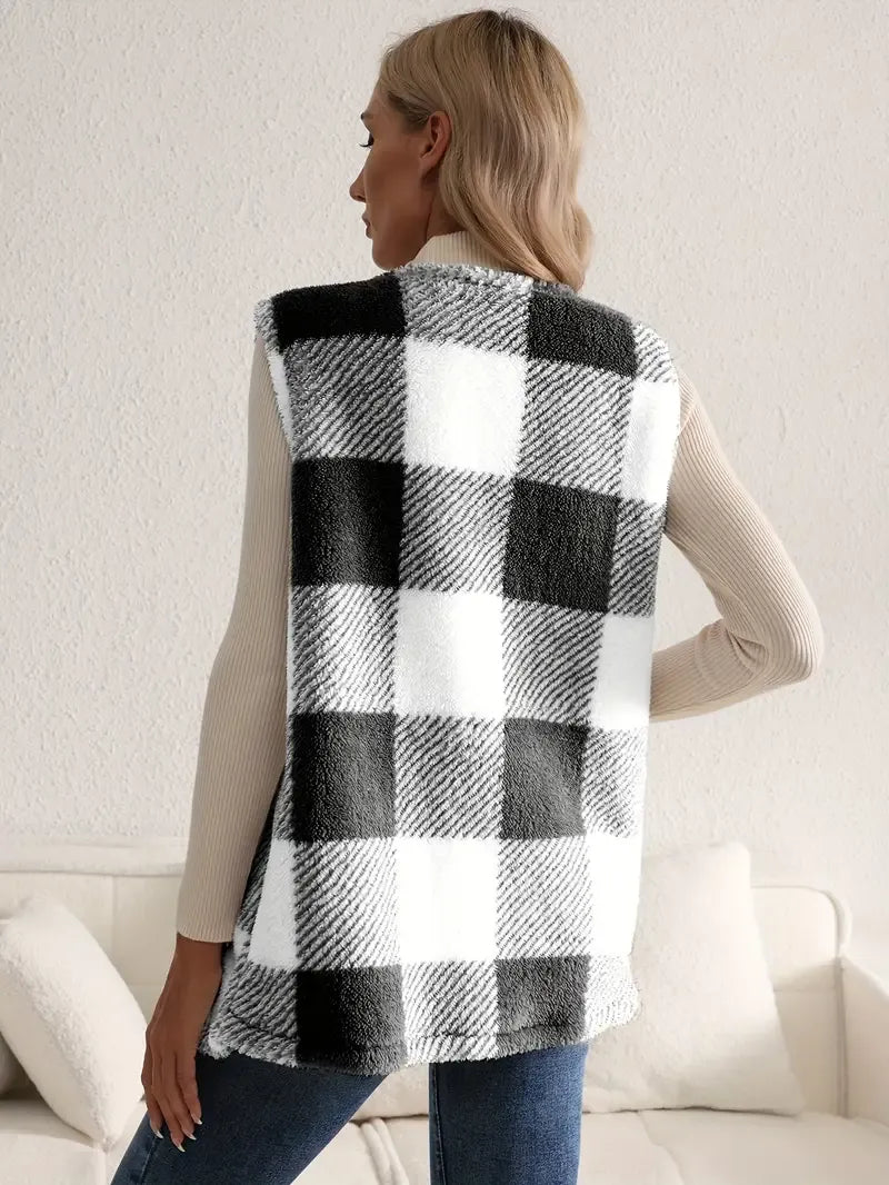 Teddy Vest Women Checked Sleeveless with Pockets