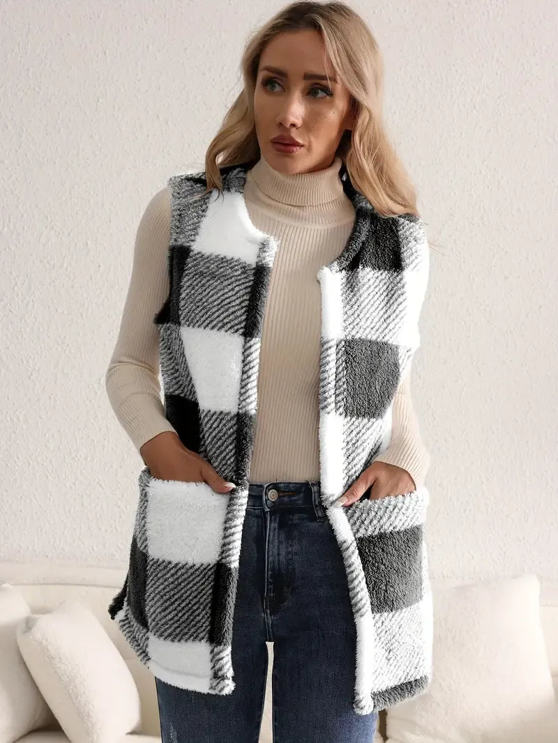 Teddy Vest Women Checked Sleeveless with Pockets