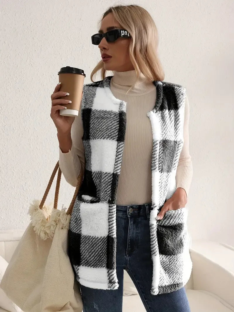 Teddy Vest Women Checked Sleeveless with Pockets