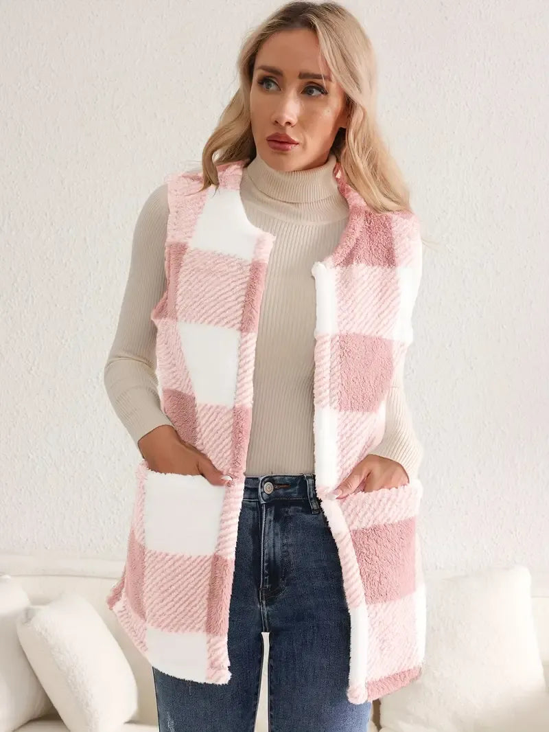Teddy Vest Women Checked Sleeveless with Pockets