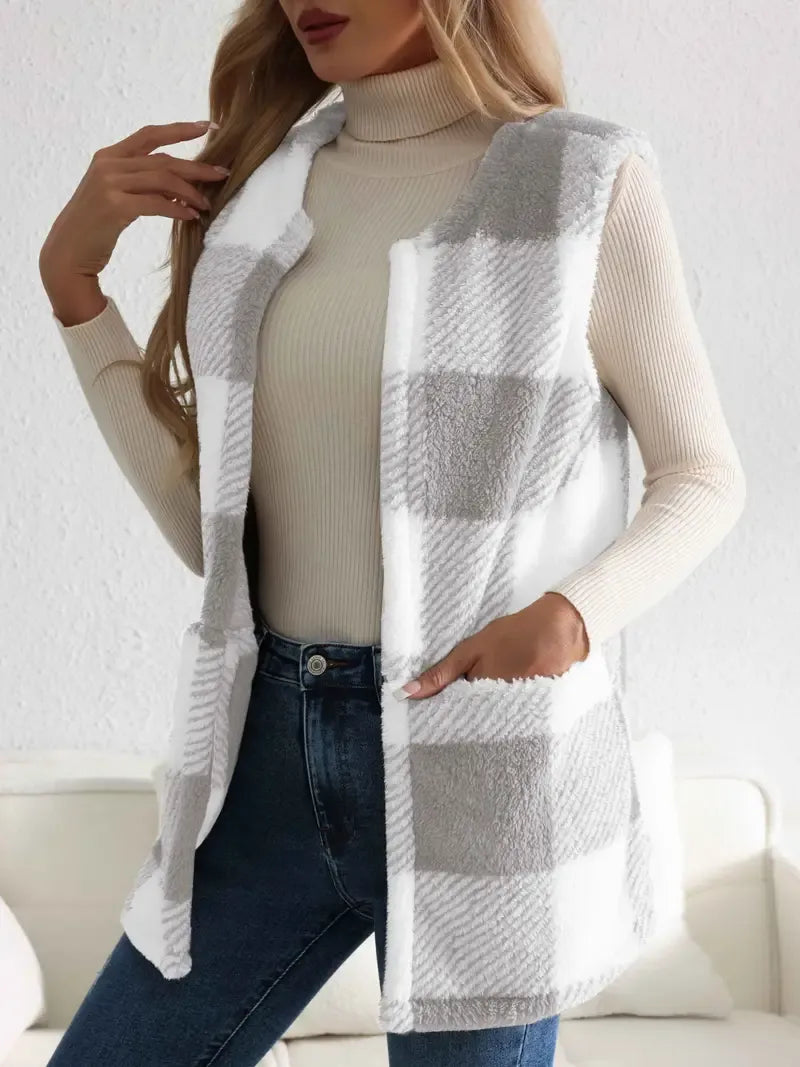 Teddy Vest Women Checked Sleeveless with Pockets