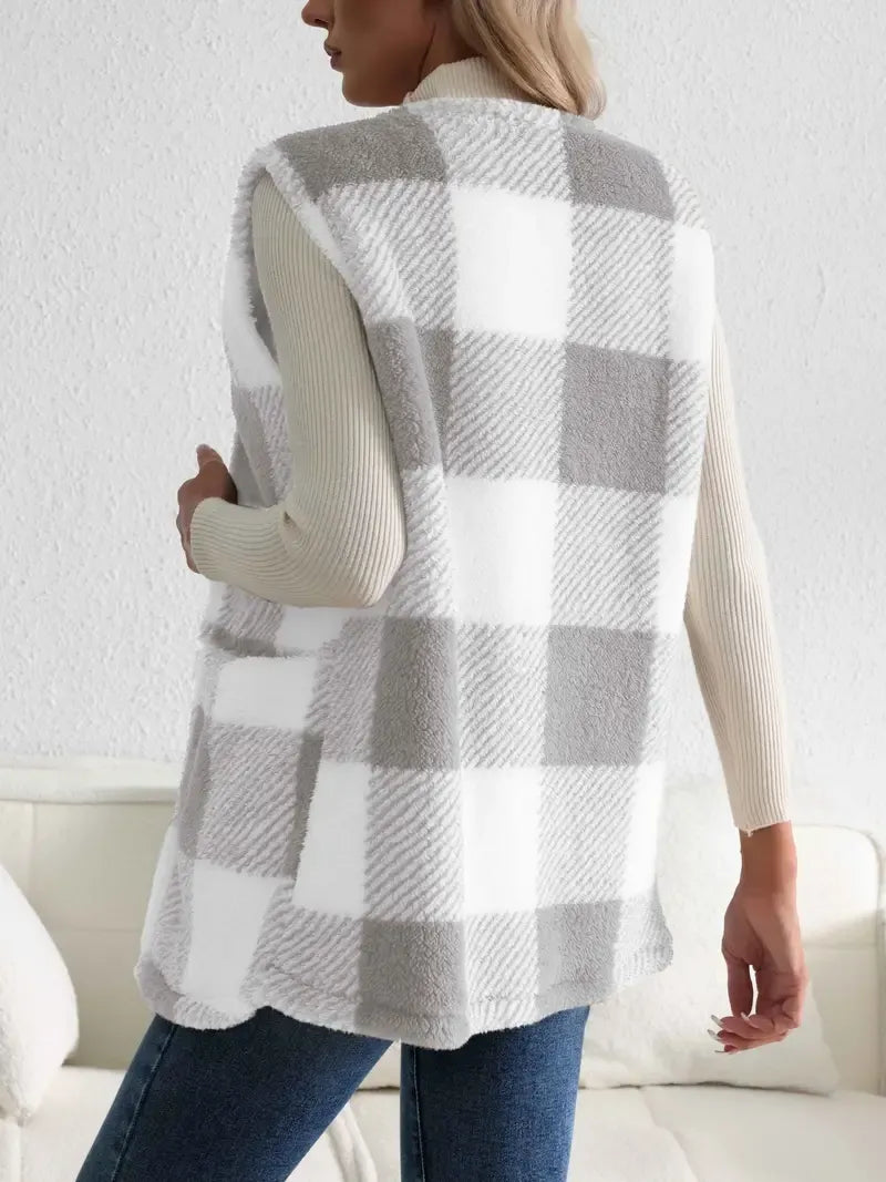 Teddy Vest Women Checked Sleeveless with Pockets