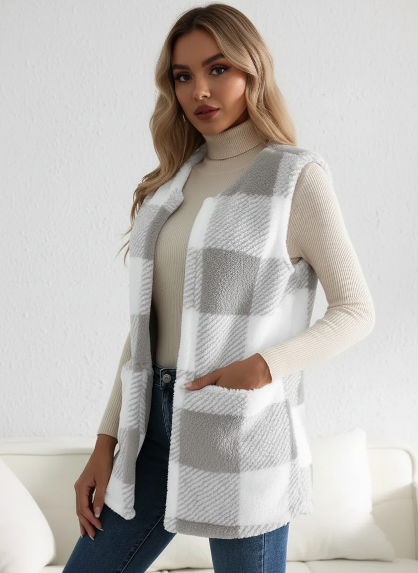 Teddy Vest Women Checked Sleeveless with Pockets