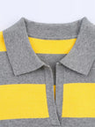 Knit Polo Women Striped Cropped Cotton V-Neck Collar