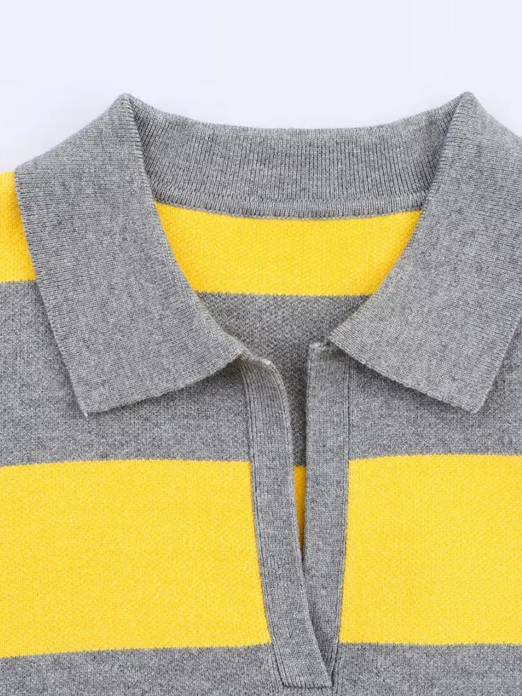 Knit Polo Women Striped Cropped Cotton V-Neck Collar