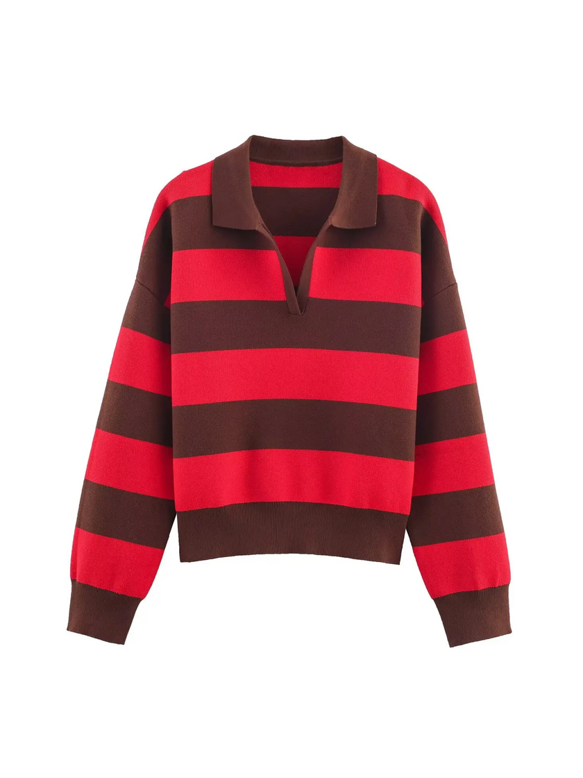 Knit Polo Women Striped Cropped Cotton V-Neck Collar