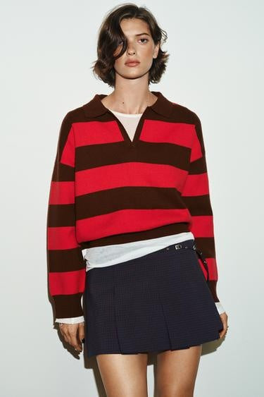 Knit Polo Women Striped Cropped Cotton V-Neck Collar