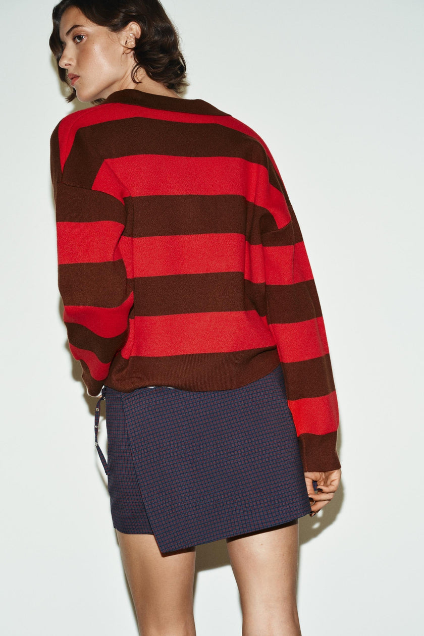 Knit Polo Women Striped Cropped Cotton V-Neck Collar