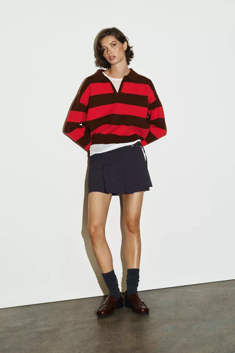 Knit Polo Women Striped Cropped Cotton V-Neck Collar