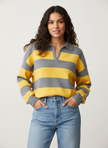 Knit Polo Women Striped Cropped Cotton V-Neck Collar
