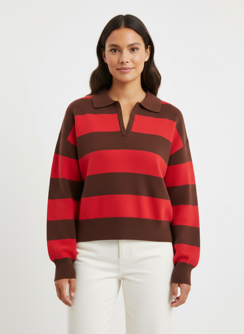 Knit Polo Women Striped Cropped Cotton V-Neck Collar