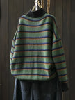 Knit Sweater Women Striped Round Neck Ribbed Trim