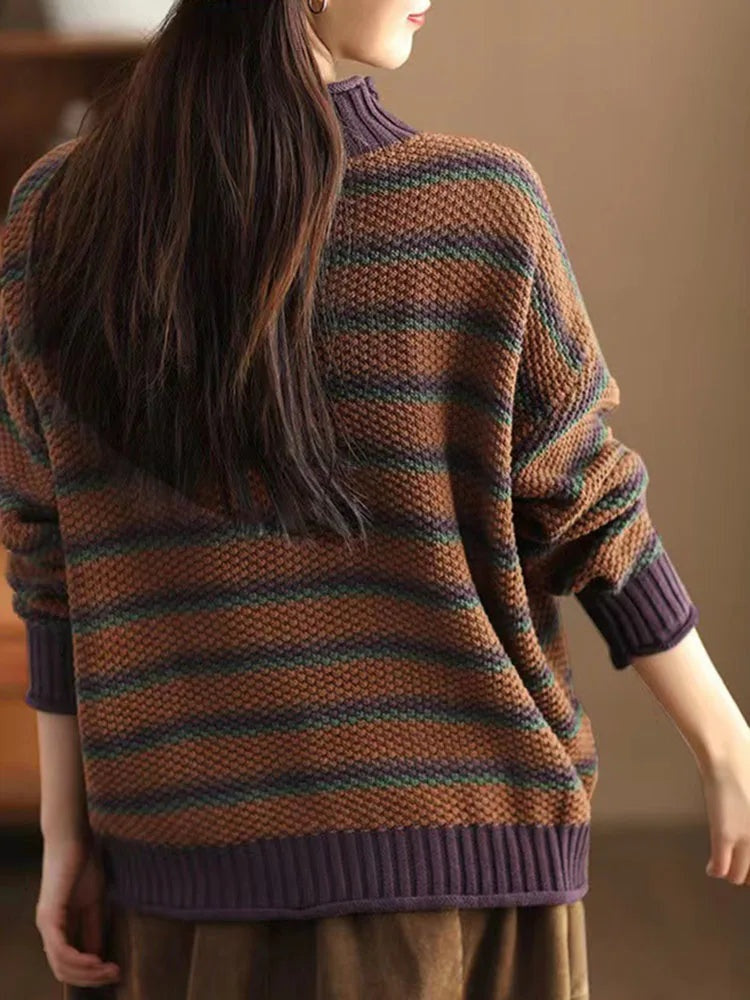 Knit Sweater Women Striped Round Neck Ribbed Trim