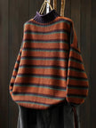 Knit Sweater Women Striped Round Neck Ribbed Trim