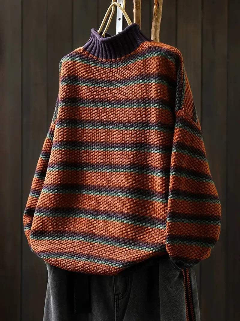 Knit Sweater Women Striped Round Neck Ribbed Trim