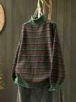 Knit Sweater Women Striped Round Neck Ribbed Trim