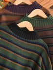 Knit Sweater Women Striped Round Neck Ribbed Trim