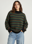 Knit Sweater Women Striped Round Neck Ribbed Trim