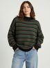 Knit Sweater Women Striped Round Neck Ribbed Trim