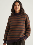 Knit Sweater Women Striped Round Neck Ribbed Trim